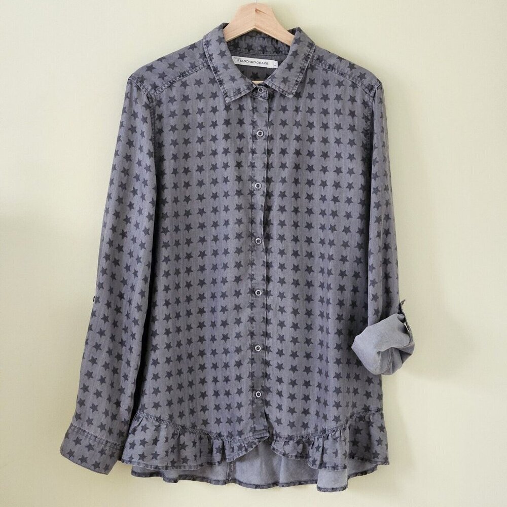 Standard Grace Chambray Top Womens L Gray Fairy Grunge LS Roll Up Tab Whimsigoth - Picture 2 of 16